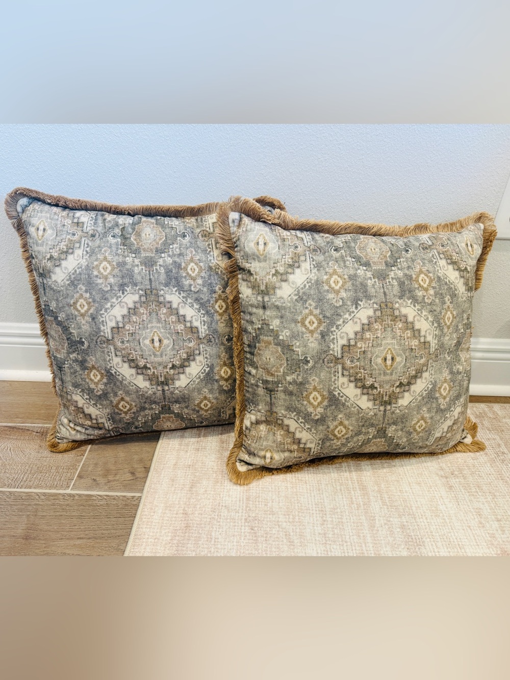 Fringed Geometric Decorative Throw Pillow in Beige and Gray - 18x18